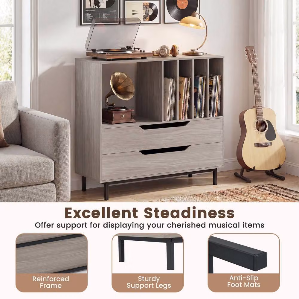 Costway Mid Century Record Player Stand with Media Compartments in Grey – 8