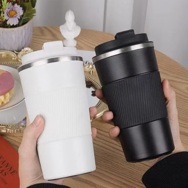 Lovii Elite Vacuum Insulated Stainless Steel Travel Mug with Lid, Black and White, 380 ml