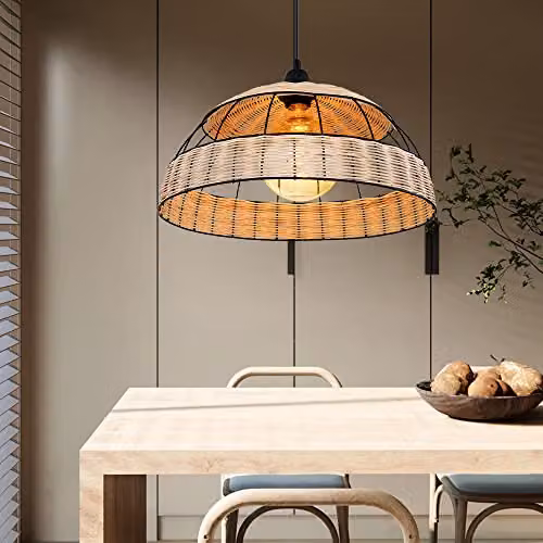 Globo Lighting Boho Rattan and Metal Cylinder Pendant Light, Black, Diameter: 40 cm, Height: 102 cm – 5