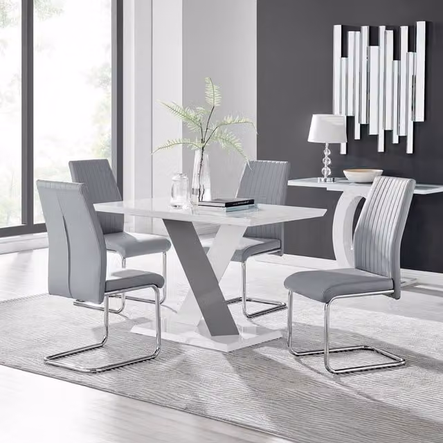 FurnitureboxUK Monza White High Gloss Rectangular Dining Table with 4 Grey Lorenzo Chairs