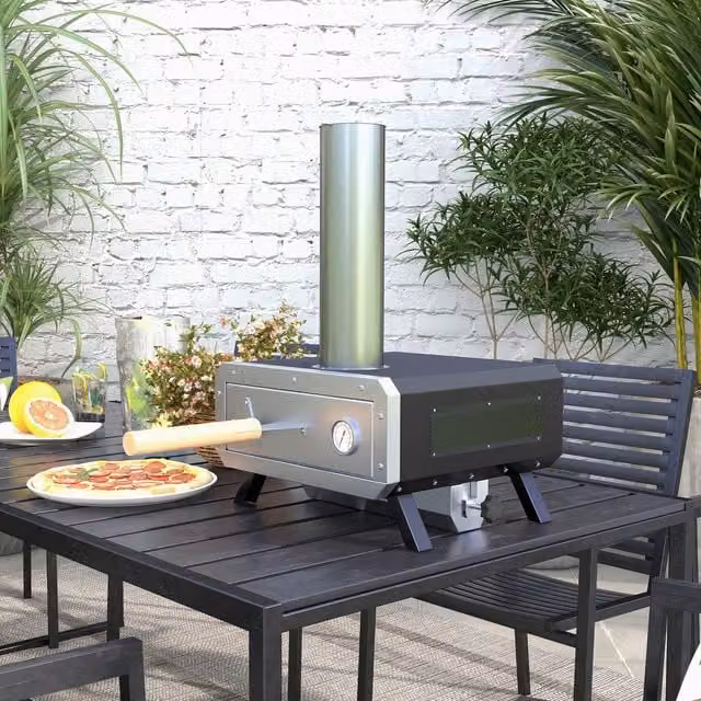 Outsunny Portable Wood Fired Pizza Oven with Rotating Stone and Thermometer, Black
