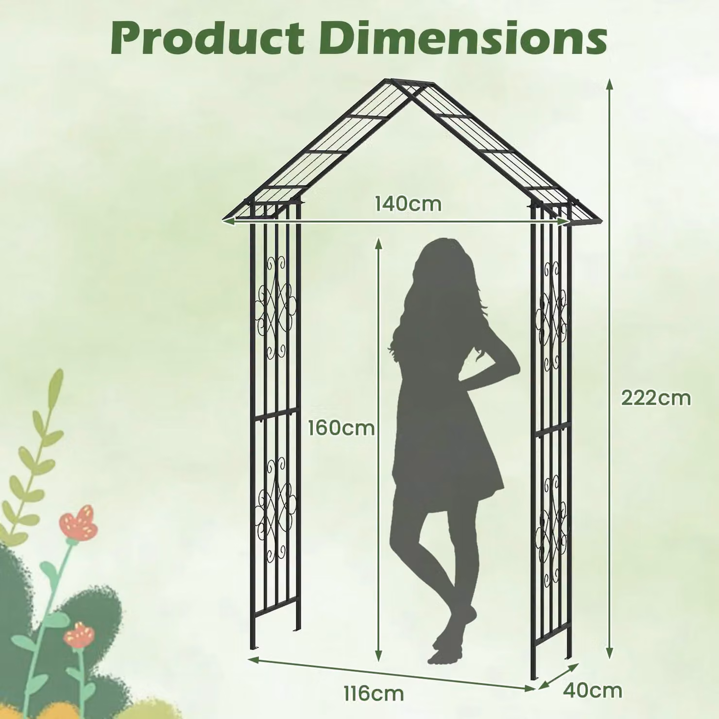 Gymax Modern Metal Garden Arbor Trellis Pergola with Side Crossbars, Black, W: 116 cm, D: 40 cm, H: 222 cm – 2