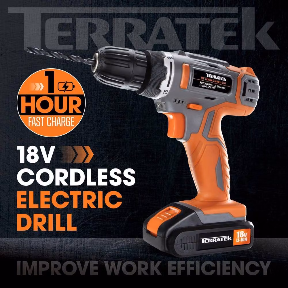 Terratek 18V Cordless Power Drill and Screwdriver Set with Battery and Drill Bits in Grey and Orange – 3