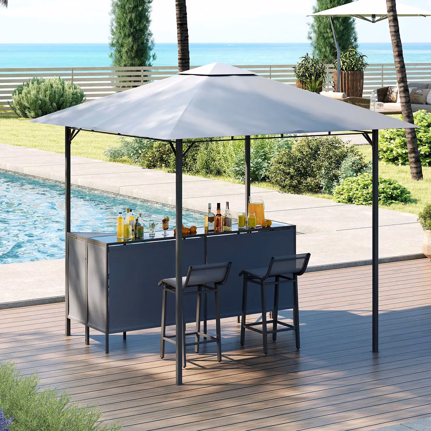 Gymax 3 Piece Grey Patio Bar Set with Grill Gazebo, Table and Bar Stools, W/D/H: 245 x 245 x 243 cm – 3