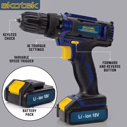 Skotek 18V Cordless Drill Set with Rechargeable Battery, Charger and 13-Piece Kit in Blue – 5