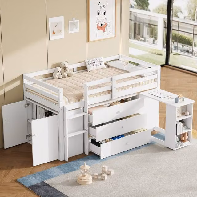 Merax Mid Sleeper Single Cabin Bed in White with Pull Out Desk, Drawers, Cabinet and Stairs – 1