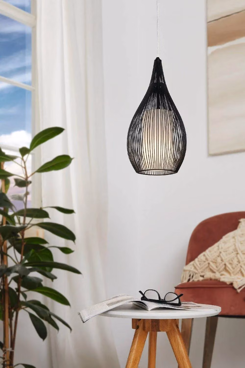 Eglo Razoni Black and White Metal and Glass Pendant Light in Black – 2
