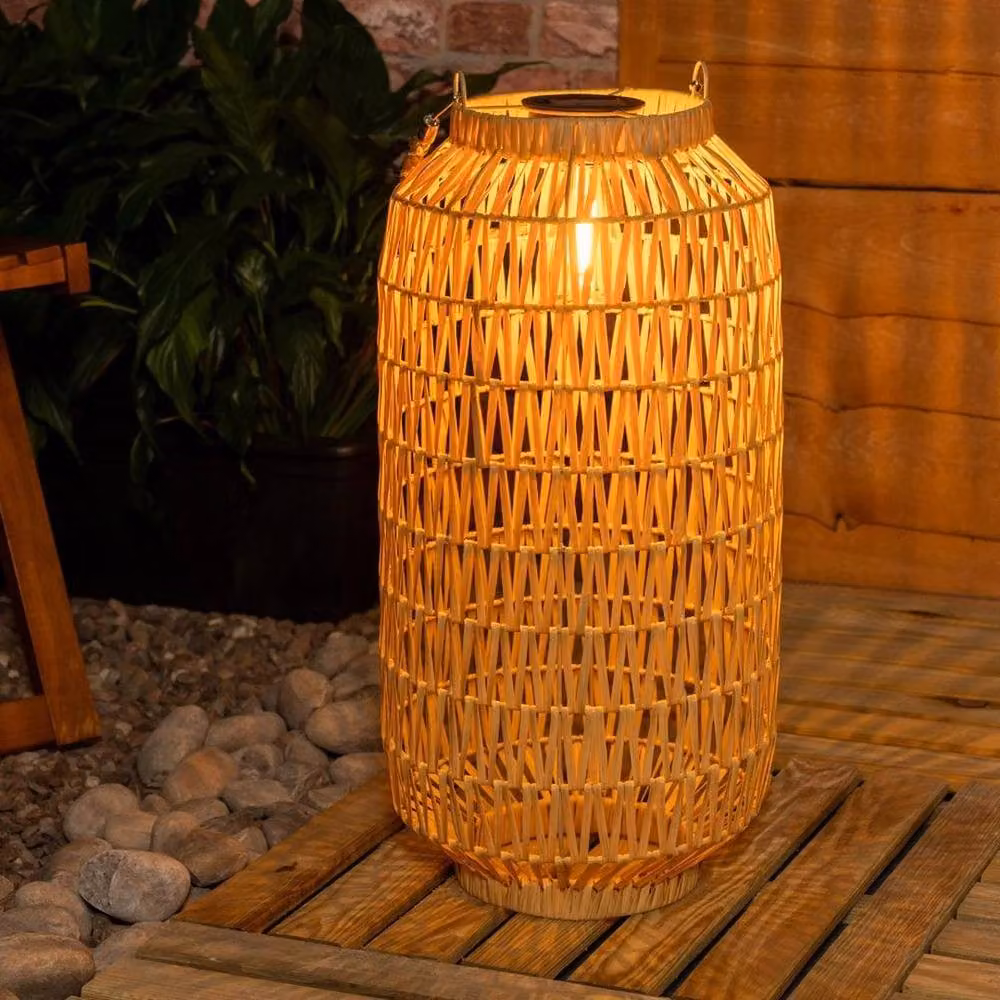 FORGEVIO Solar Powered Natural Rope Lantern Floor Lamp in Brown Rattan for Garden and Indoor Use – 3