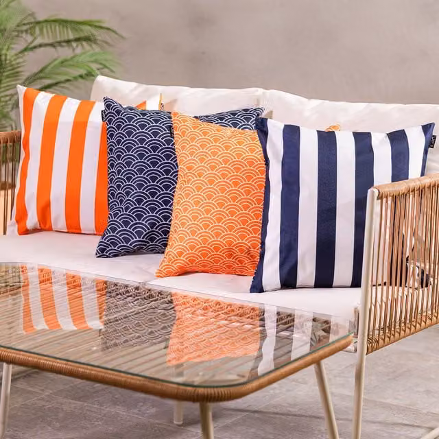 ICON Set of 4 Square Striped Outdoor Cushions in Navy and Orange