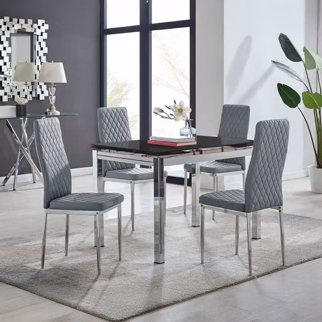 FurnitureboxUK Enna Black Glass Extending Modern Kitchen Dining Table and 4 Milan Chairs in Grey
