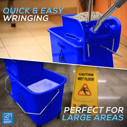 TDBS Kentucky Floor Mop and Bucket Set with Wringer and Refillable Head, Blue and Yellow – 4