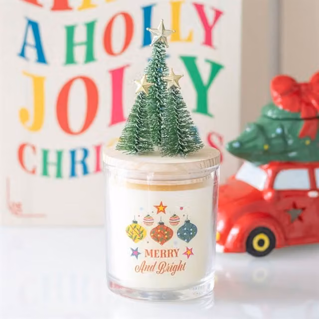 KDMK Merry Bright Bauble Cinnamon Spice Glass Candle with Christmas Tree Ornament, White