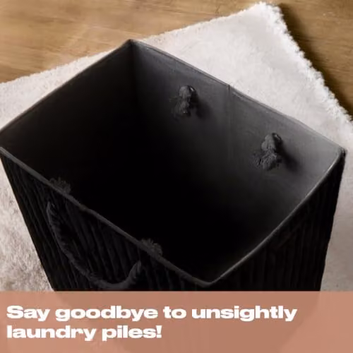 OHS Collapsible Ribbed Faux Fur Laundry Basket with Lid and Rope Handles, Black, W: 45 cm, D: 49 cm, H: 31 cm – 3