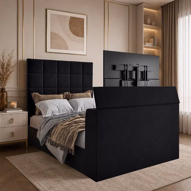 KDMD Woolverstone Upholstered Black Velvet TV Bed Frame, Super King, W/D/H: 200 x 152 x 189 cm