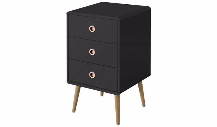 Softline 3 Drawer Black Nightstand Bedside Cabinet for Bedroom Storage