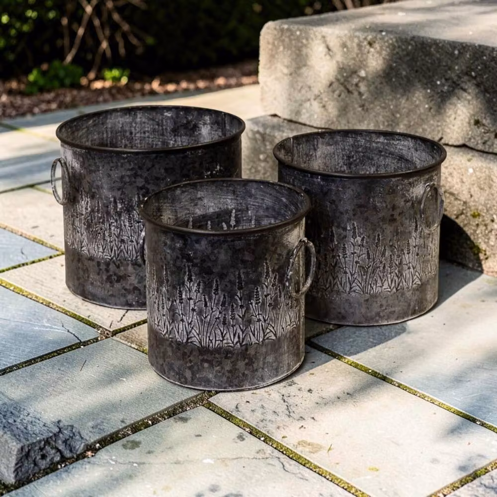 Four Candle Set of 3 Rustic Meadow Embossed Galvanised Steel Planters in Grey – 2