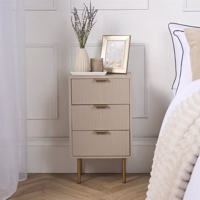 OHS Modern Ribbed 3-Drawer Bedside Table and Office Nightstand in Sand