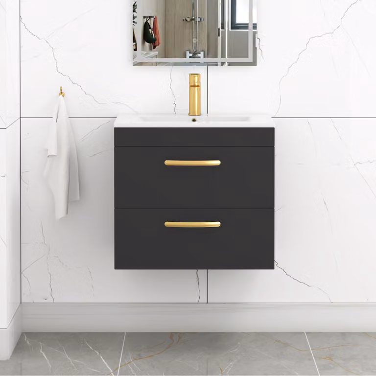 Royal Bathrooms Turin 600mm Wall Hung Vanity Unit in Matt Black with 2 Drawers and Brushed Brass Handles