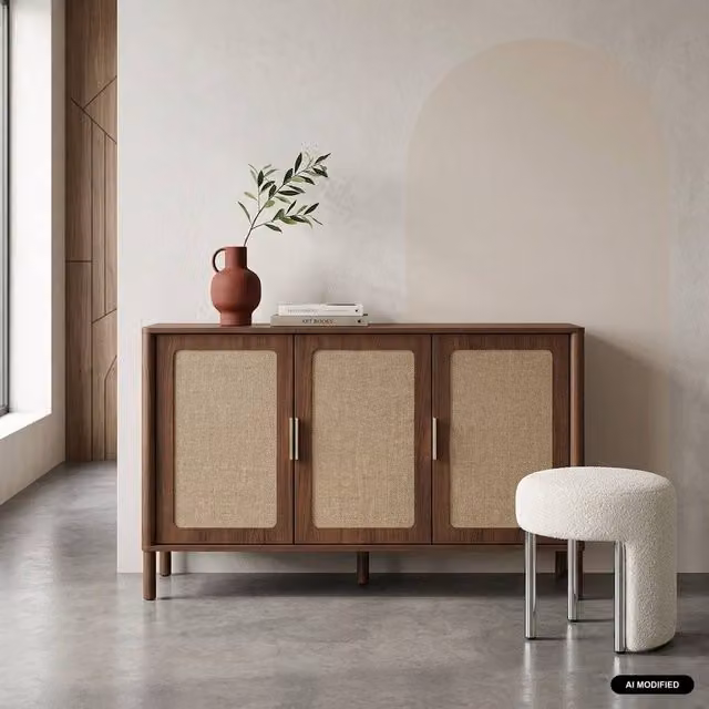 sweeek Vintage 3-Door Sideboard with Wood Decor and Cane in Dark Brown