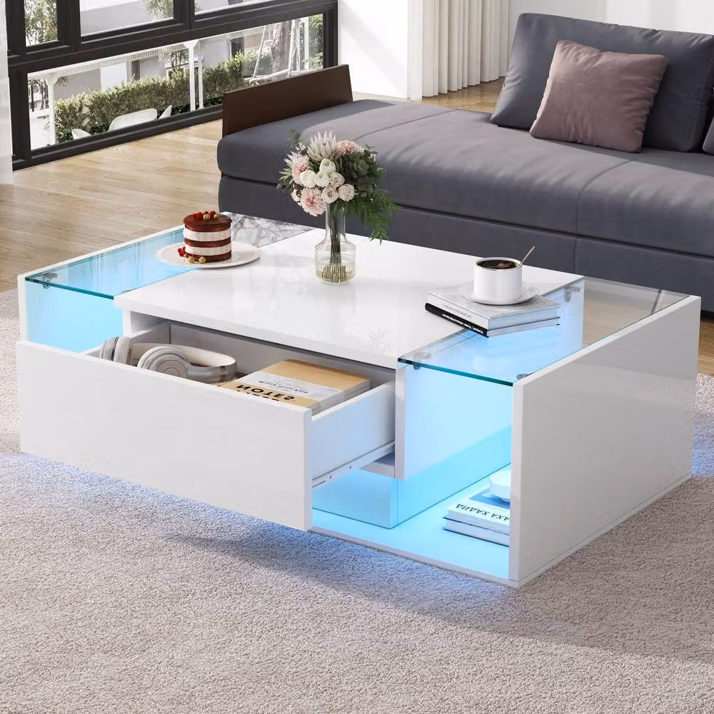 Matteo White High Gloss Coffee Table with Glass Top and LED Lights – 2