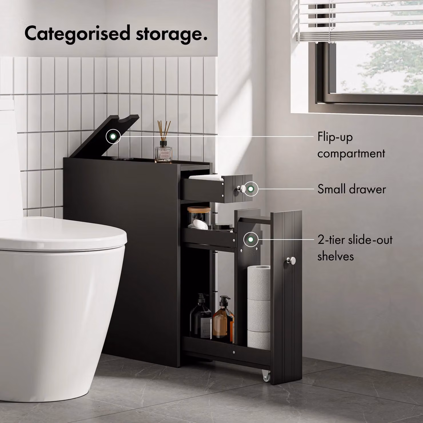 VonHaus Shrewsbury Slimline Freestanding Shaker Style Bathroom Storage Unit in Black, W/D/H: 14.2 x 50.0 x 58.0 cm – 4