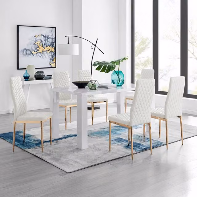 FurnitureboxUK Pivero White Rectangular Dining Table with 6 Milan Chairs in White and Gold