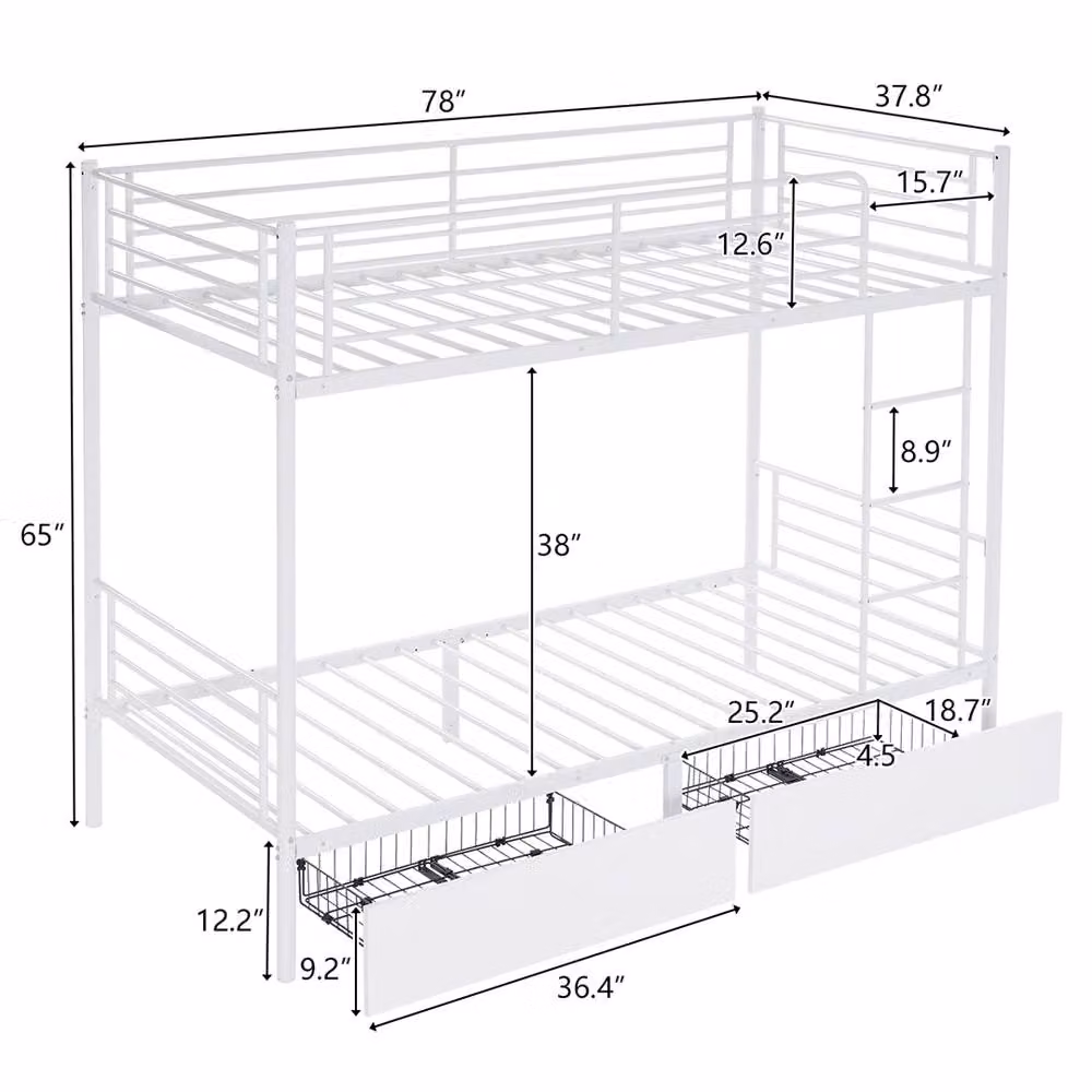 Kelvenix Metal Single Loft Bunk Bed Frame with Drawers, White – 2