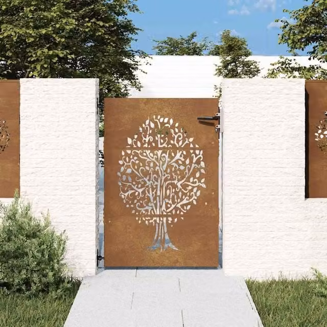 Berkfield Home Garden Gate with Tree Design in Brown Corten Steel, W: 85 cm, H: 150 cm – 1
