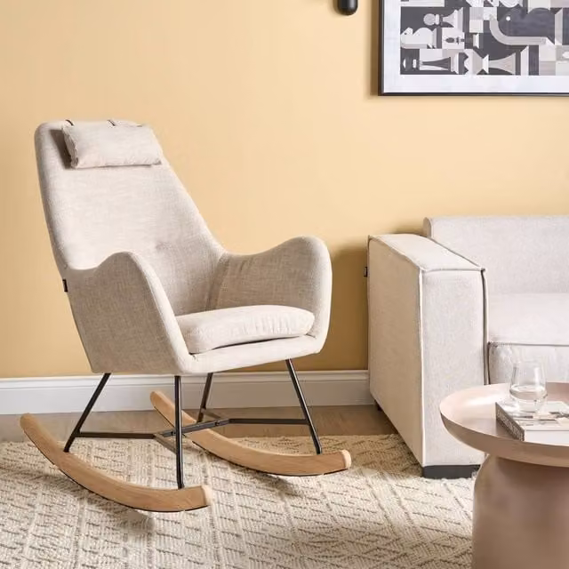 Wyld and Coco Beige Fabric Modern Rocking Chair with Rubberwood Frame and Armrests
