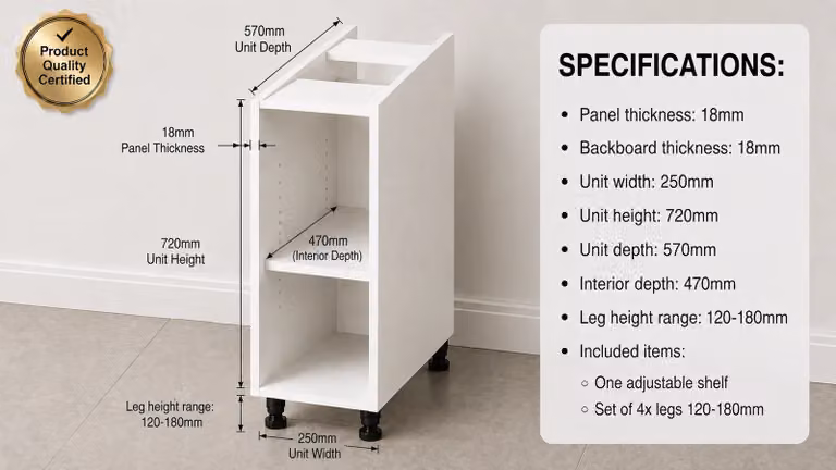 Cheap Furniture Warehouse White Matt MDF Kitchen Base Unit with Internal Shelves W/D/H: 25 x 57 x 72 cm
