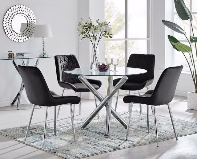 FurnitureboxUK Selina Round Glass Dining Table with Chrome Leg and 2 Pesaro Black Upholstered Chairs with Silver Legs
