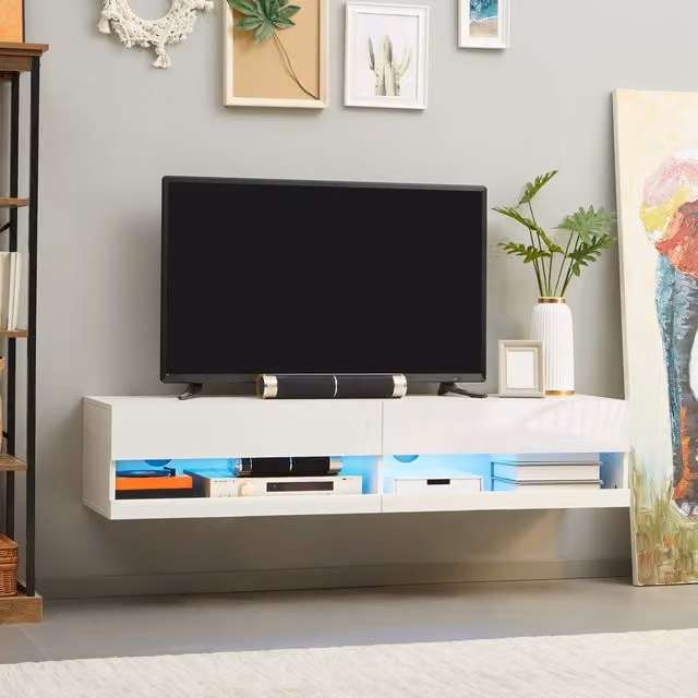 HOMCOM Floating TV Unit Cabinet with High Gloss Effect and LED Lights in White