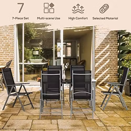 Outsunny 7 Piece Garden Dining Set with Tempered Glass Table and 6 Reclining Chairs in Black – 3