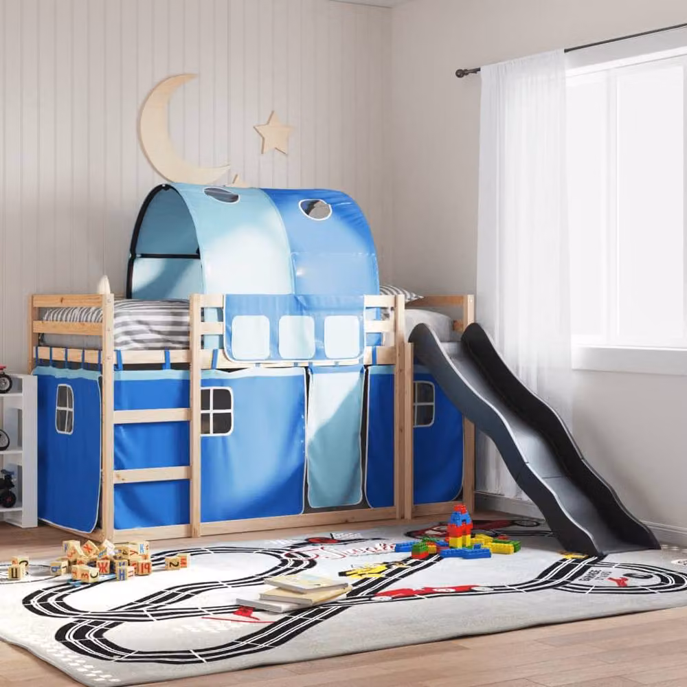 Berkfield Home Blue Pine Wood Childrens Bunk Bed with Slide and Curtains W/D/H: 80 x 200 cm – 2