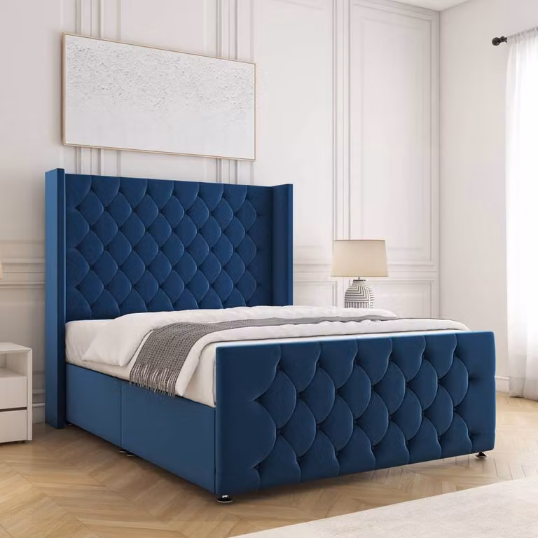 BSSPOKE Florida Blue Velvet Upholstered Chesterfield Divan Bed with Headboard and Footboard, W/D/H: 90 x 190 cm
