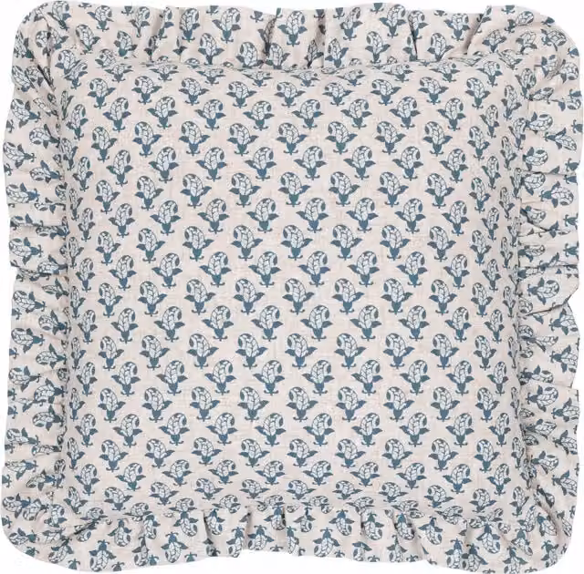 Make It A Home Lulah Blue Block Printed Ruffle Linen Cushion Cover
