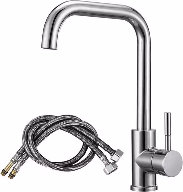 KORVIXA Modern Single Lever Kitchen Sink Mixer Tap in Silver Brushed Steel, W: 52 cm, H: 34.5 cm, D: 34.5 cm
