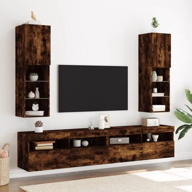 Berkfield Home Set of 2 Modern TV Cabinets with LED Lights in Smoked Oak Brown, W/D/H: 30.5 x 30 x 102 cm – 1