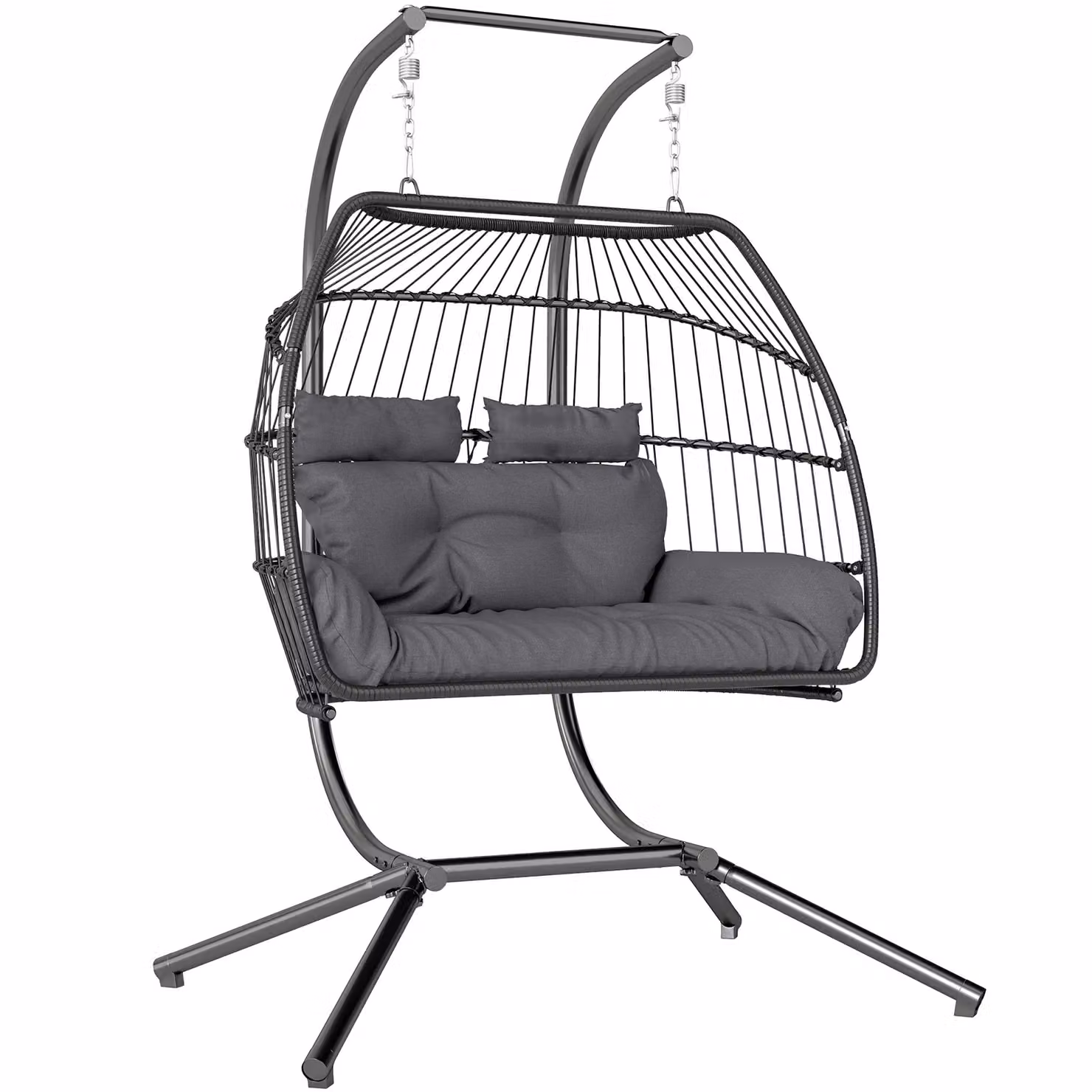 OUTSUNNY Rattan Double Hanging Egg Chair with Stand and Cushion in Dark Grey – 2