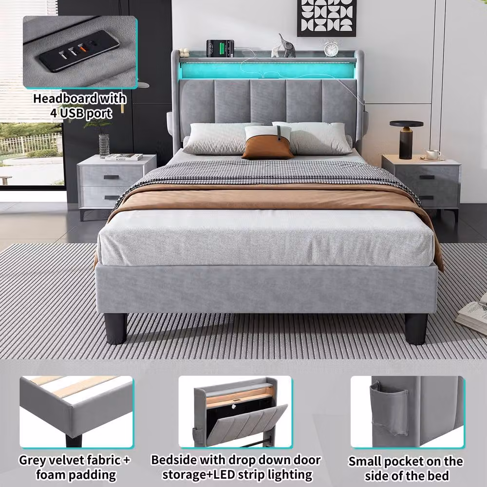 ModernLuxe Upholstered Kids Single Bed in Grey with LED Lighting, USB Charging Port and Storage Headboard, W/D/H: 90 x 190 x 107 cm – 6