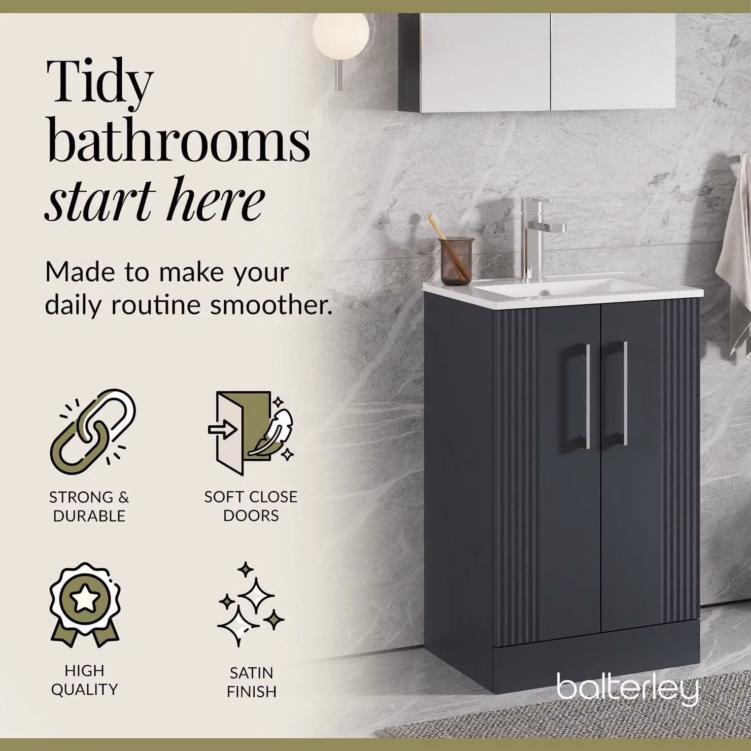 Balterley Grey Floor Standing Bathroom Vanity Unit with Rectangular Basin and Soft Close 2 Doors – 3