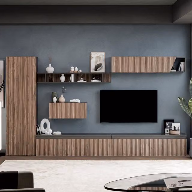 Decorotika Modern Geometric Wall Mounted Entertainment Center in Black and Brown
