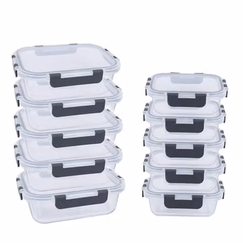Alivio Set of 10 Transparent Glass Food Storage Containers with Leakproof Snap Lids