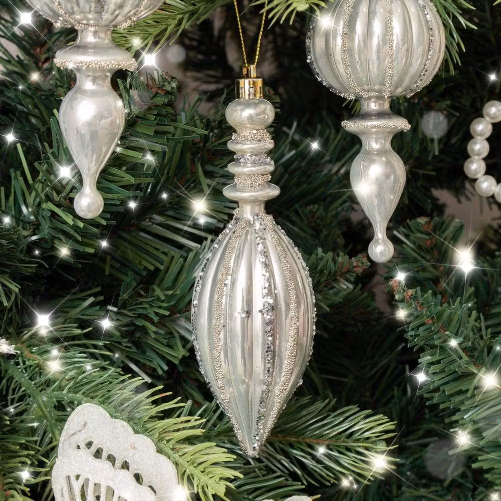 Melody Maison Set of 4 Silver Glitter Drop Style Christmas Baubles – 3
