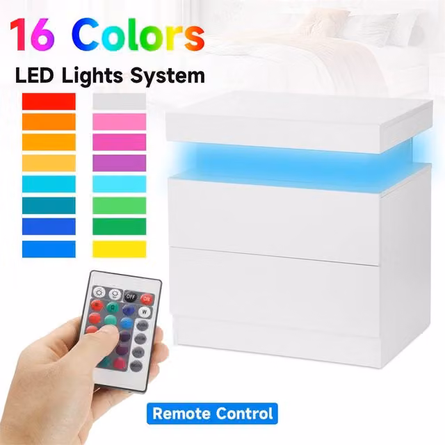 Nordara White High Gloss LED Bedside Table with 2 Drawers and RGB Integrated Lighting – 1