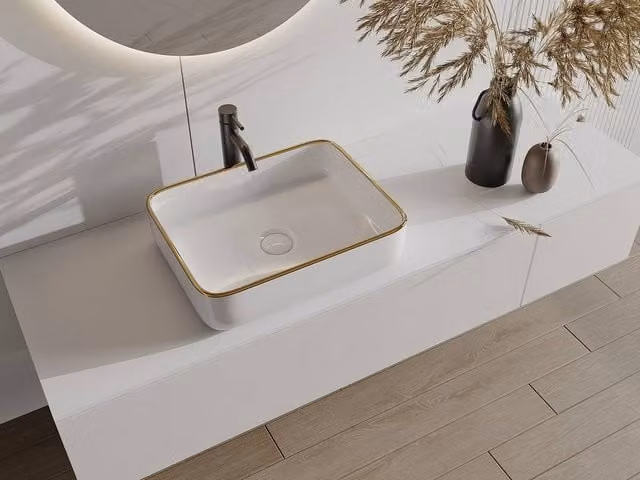 Vente-unique Rectangular Ceramic Countertop Basin in White with Gold Trim, W: 50 cm, D: 39 cm, H: 13 cm