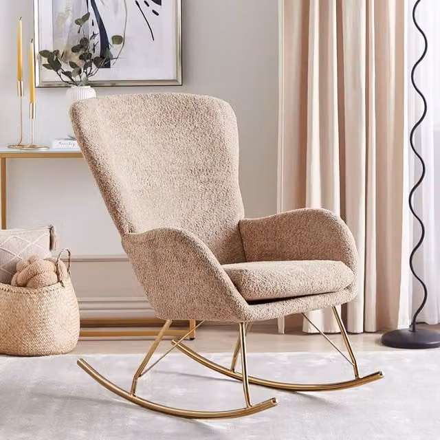 Wyld and Coco Beige Bouclé Rocking Armchair with Gold Metal Legs in Retro Style – 1