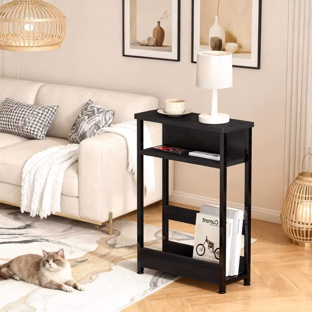 London Boutique 3-Tier Narrow Side Table with Magazine Rack in Black – 3