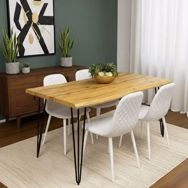 KOSY KOALA Modern Rectangular Dining Table and 4 Faux Leather Chairs Set in Brown
