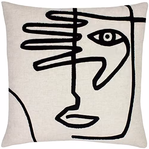 Riva Graphic Square Linen Cushion in Multicolour Beige and White, W/D/H: 50 x 50 x 50 cm – 1